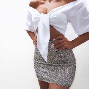 Glitter beaded silver mini skirt